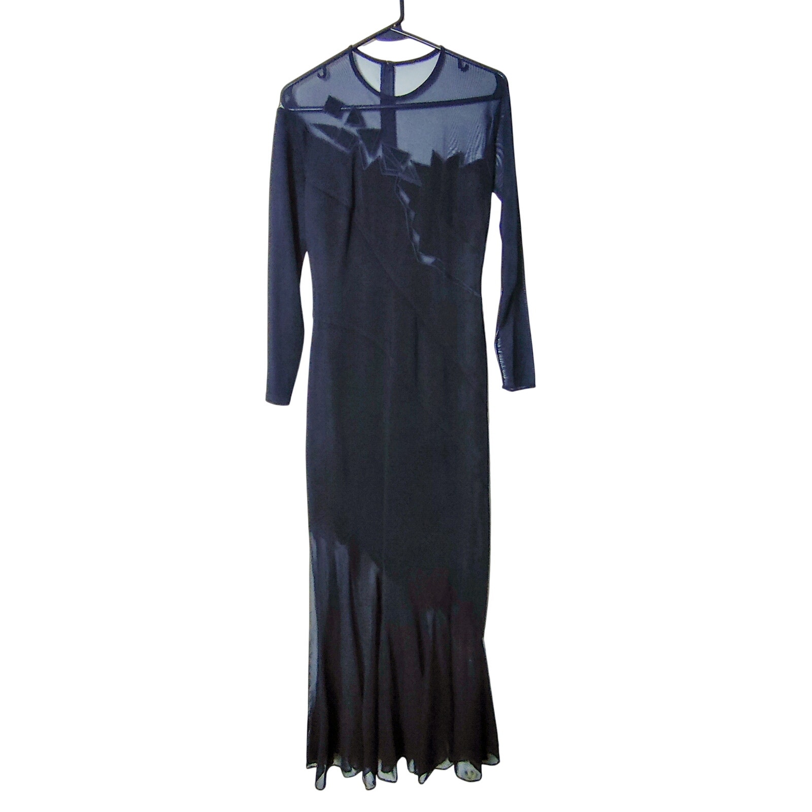 Vtg Tadashi Black Illusion Mesh Artsy Long Sleeve Mermaid Gown Midi Dress S/M